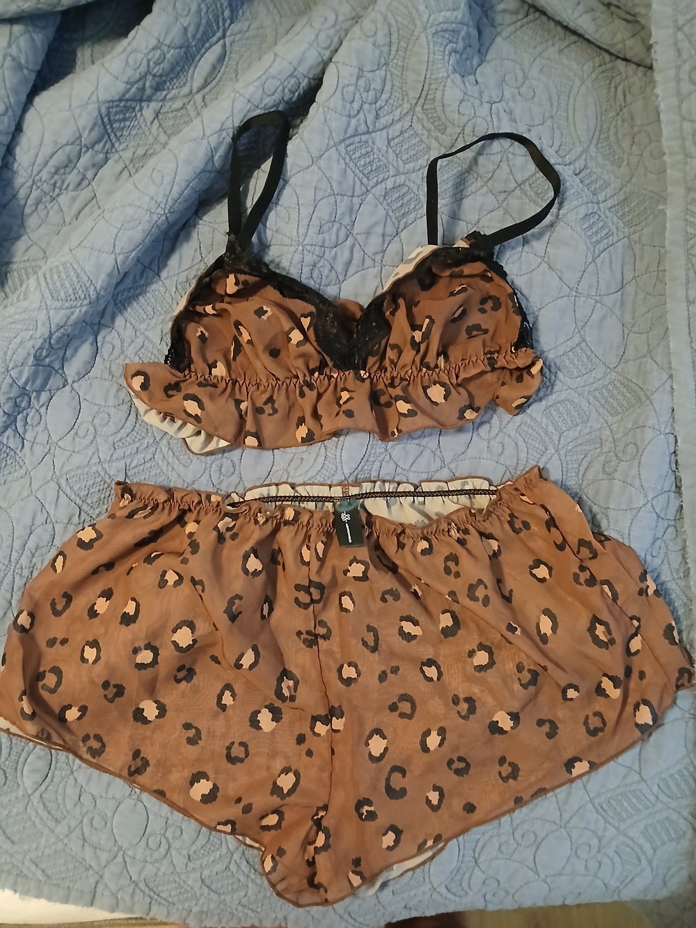 Mentionables Leopard Print Satin Bralette & Short Set - Brown